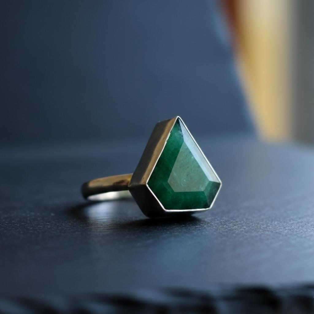 Trillion Shape Green Emerald Statement Ring, 925 Sterling Silver Jewelry, Minimalist Boho Ring