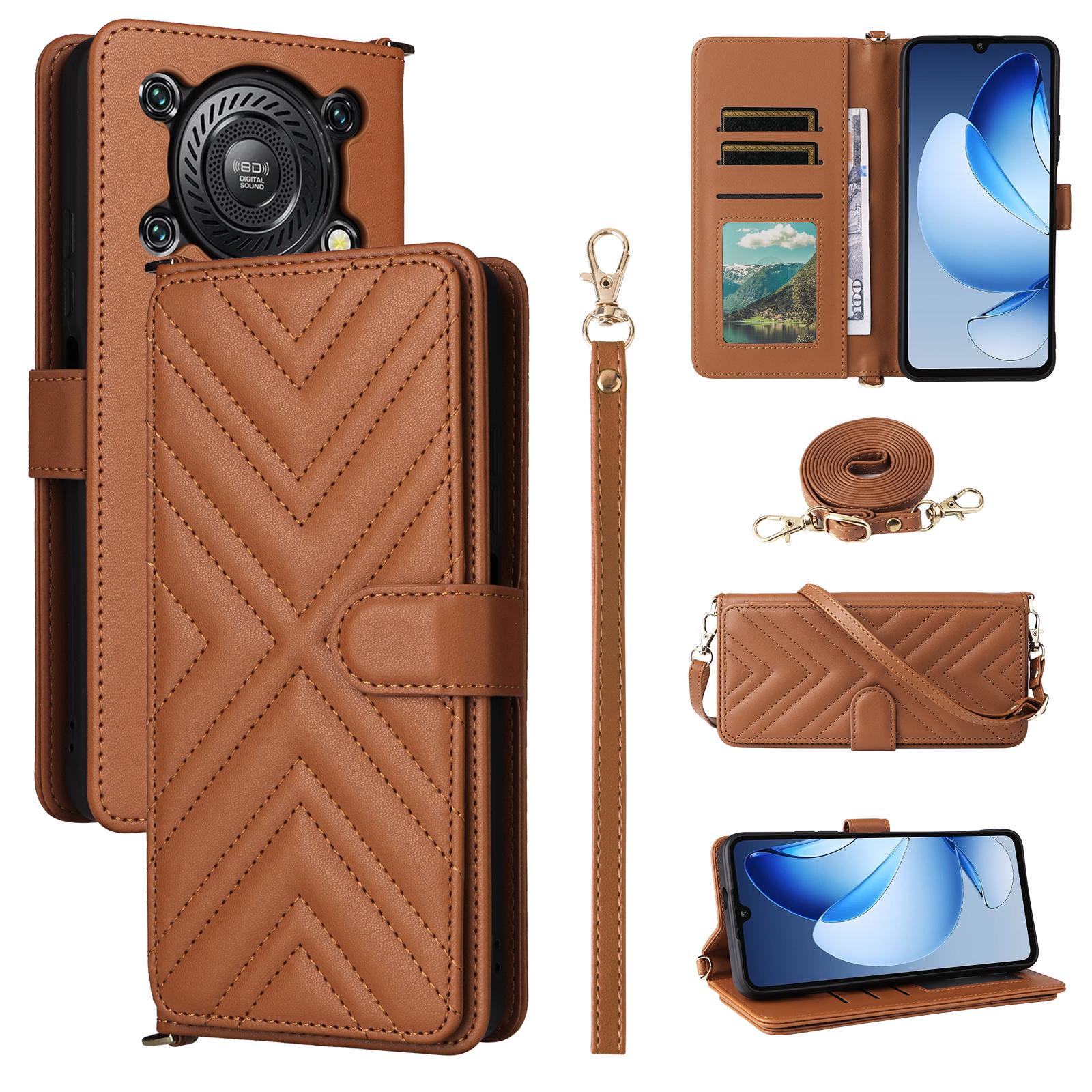 

For Oukitel C60/C60 Pro Case with Shoulder/Wrist Strap Leather Phone Cover Stand Wallet Brown