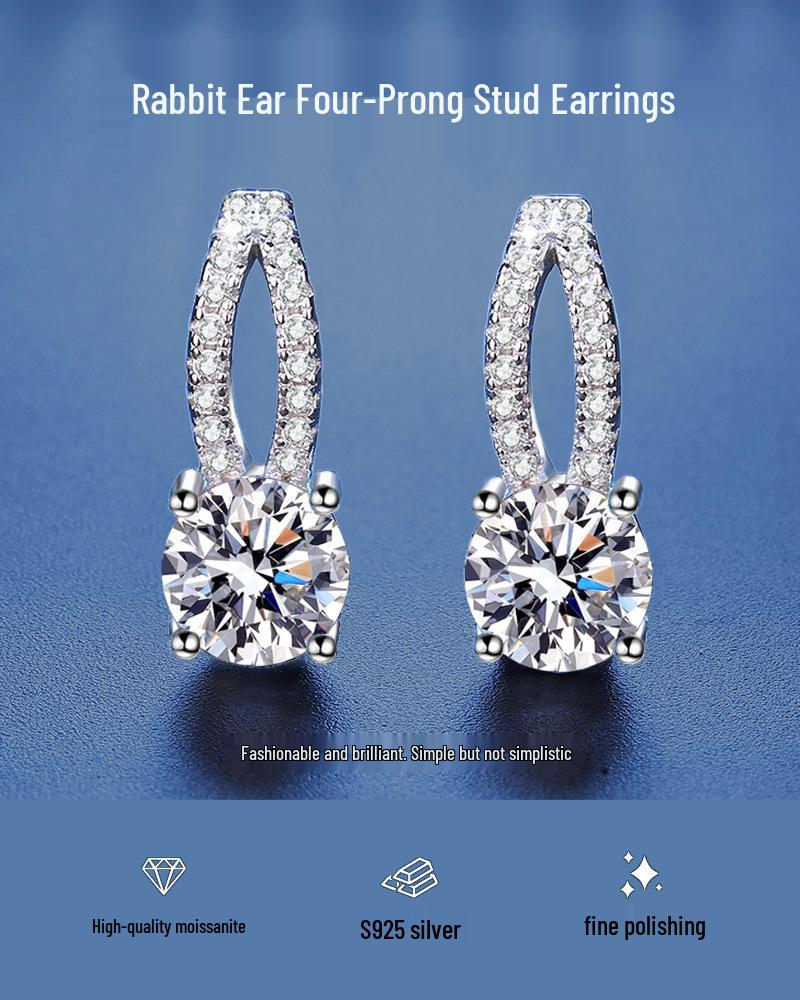 S925 Sterlingsilber Minimalistische Hasenohren Moissanit Ohrstecker mit einem Nischendesign.