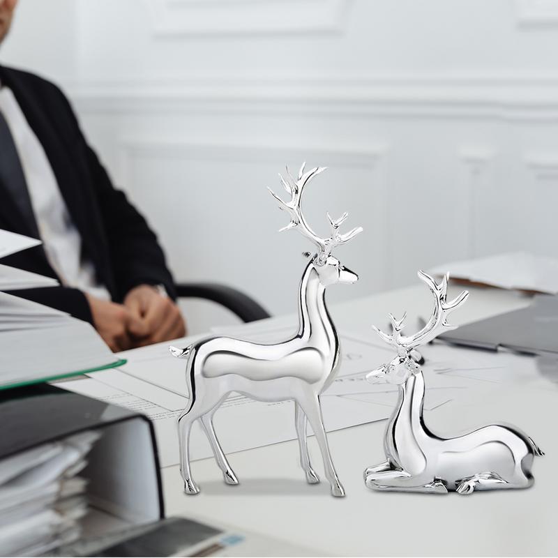 2PCS Reindeer Figurine Statue Silver Deer Sculpture Desktop Ornament Resin Elk Office Decoration Indoor Home Table Craft