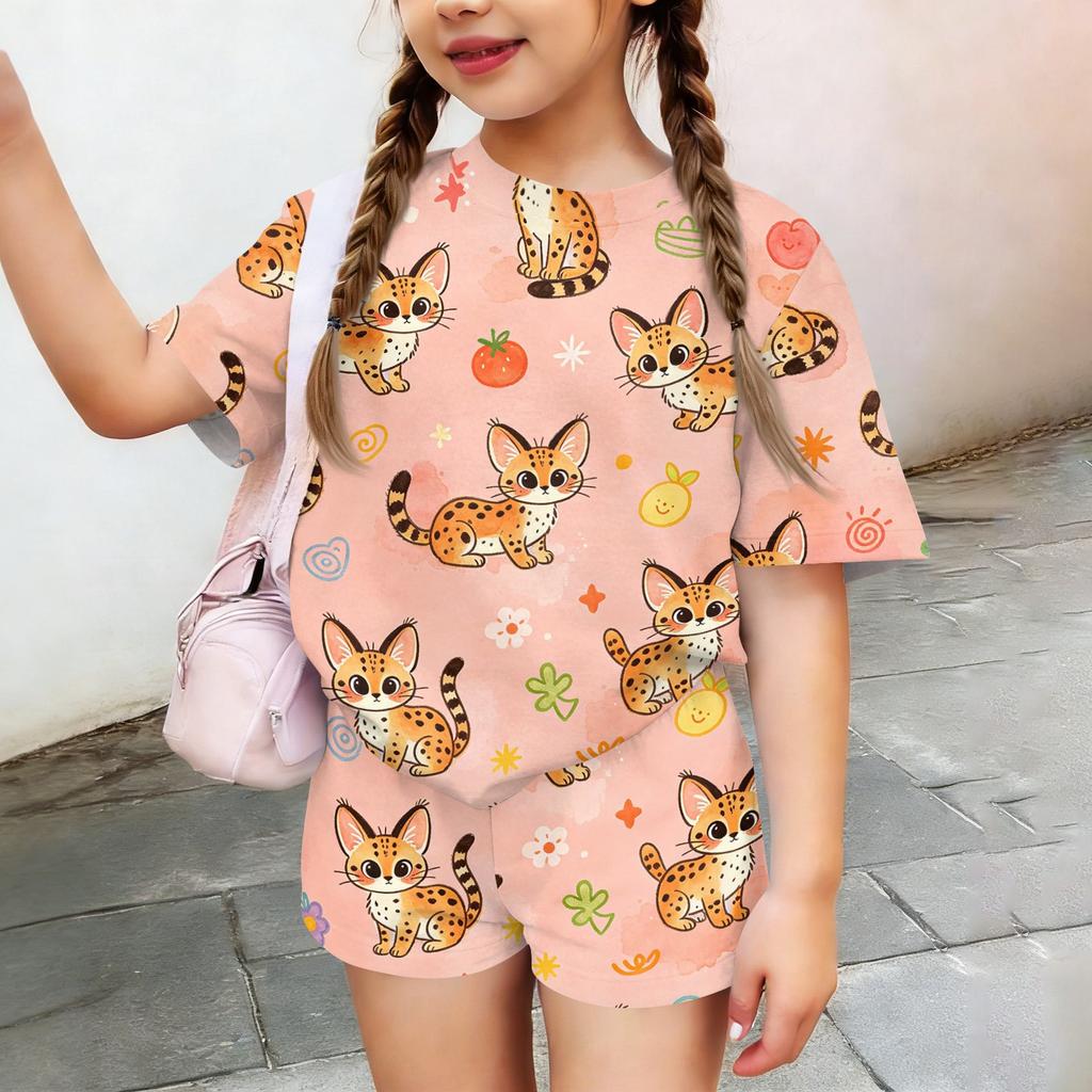 Kids Casual Short Sleeve Top and Shorts Set Lightweight Comfortable Soft Fabric Animal Print Summer Outfit for Boys and Girls