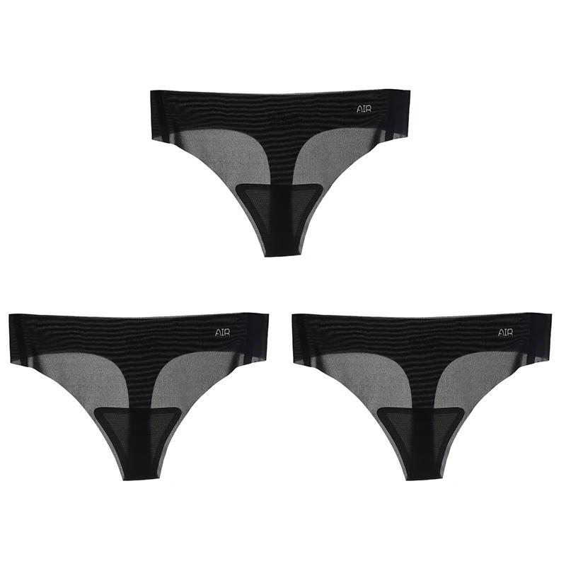 3Pcs Transparent Thong Panties Women Ultra-thin Sense Sexy Female Seamless Low-rise Solid Color T-pants Quick Drying Underwear