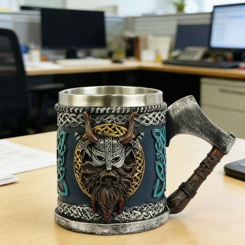 Medieval Pirate Drinking Cup With Ergonomic Axes Handle And Decorative Carvings Beer Mug For Beverage Enthusiasts Gift