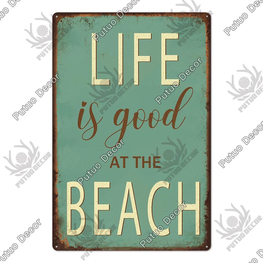 Putuo Decor Beach Vintage Tin Signs Plaque Metal Plate Retro Summer Posters Wall Art Decor Seaside Bar House Room Iron Painting
