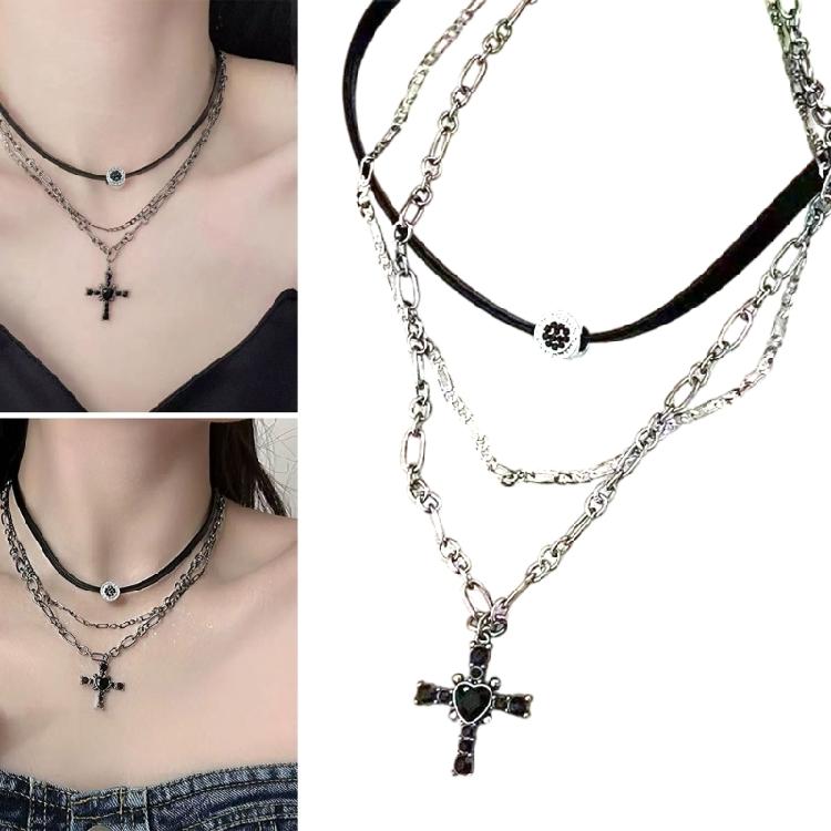 Statement Gothic Crosses Necklace Vintage Punk Crosses Necklace with Multi Layer Chains for Fashion Enthusiasts