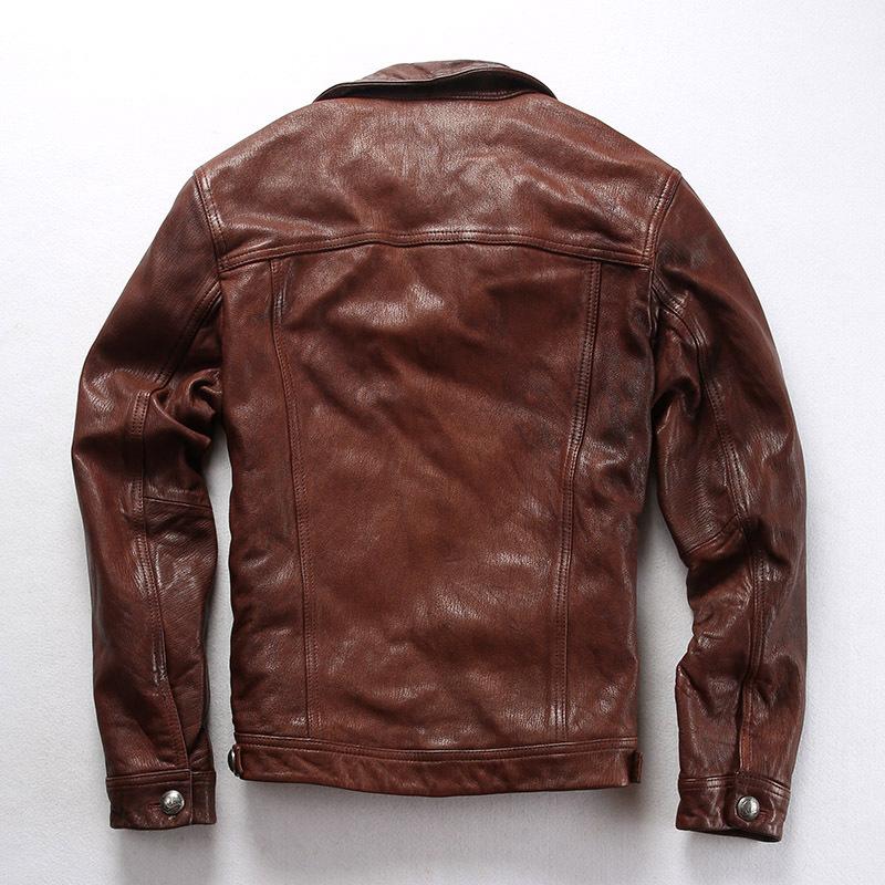 May Kaji vegetable tanned goat leather leather jacket men's washed pleated American casual denim leather jacket