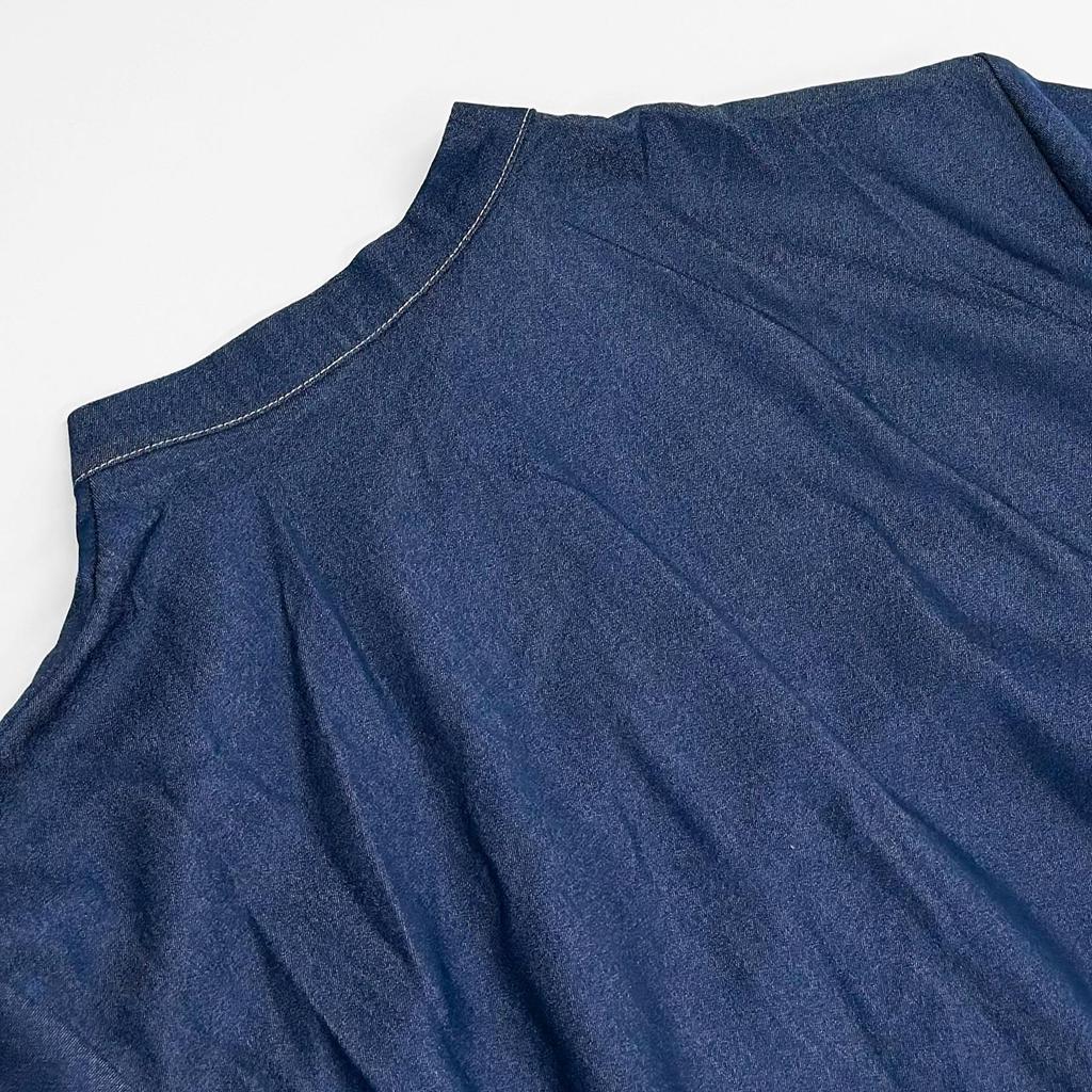 Seven-Sleeve Stretch Denim Maxi Dress with Stand-Up Collar and Hidden Buttons - Autumn 2025 Women's Wear