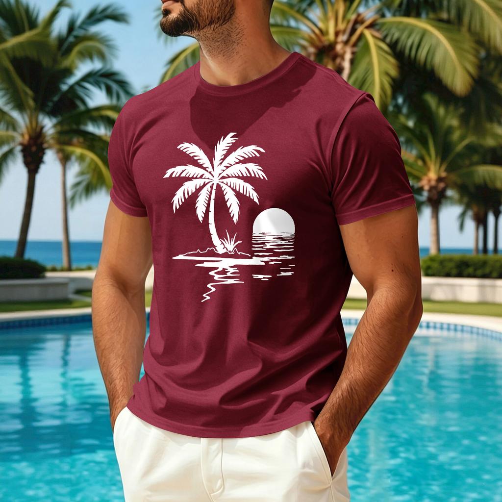 Men's Summer Hawaiian Print Crew Neck Ice Silk Shirt Casual Quick Dry Short Sleeve Sun Protection Top for Outdoor Activities
