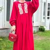 Summer Vintage Art Loose Long Dress Long-Sleeved Crew Neck Embroidered Dress