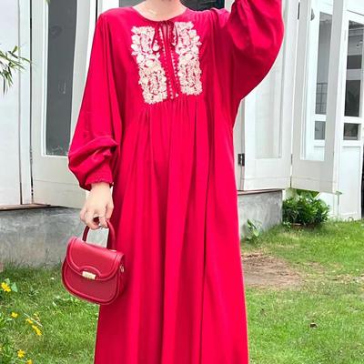 Sommer Vintage Art Lockeres Langes Kleid Langärmliges Besticktes Kleid mit Rundhalsausschnitt