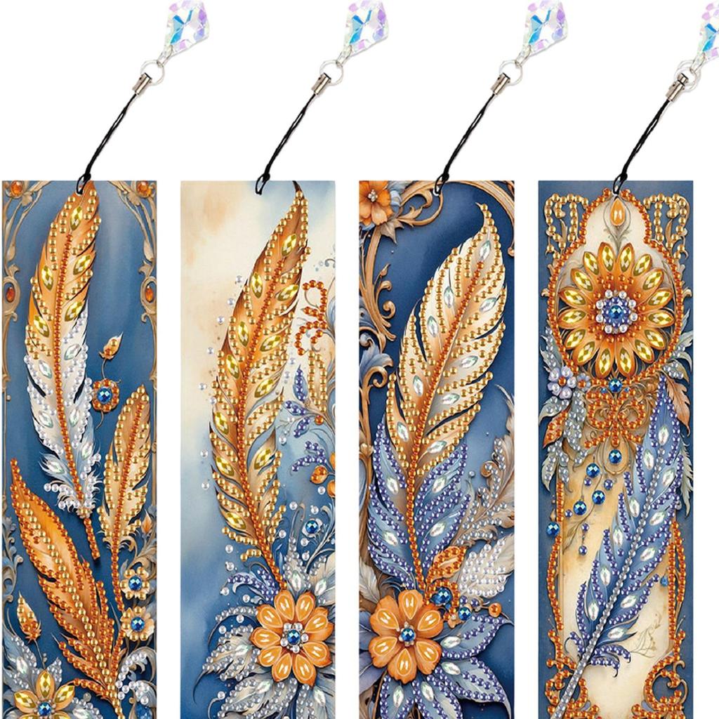 4Pcs Special Shape Beautiful Feathers 5D DIY Diamond Painting Bookmark DIY Bookmarks Diamond Painting Kits for Adults Beginners