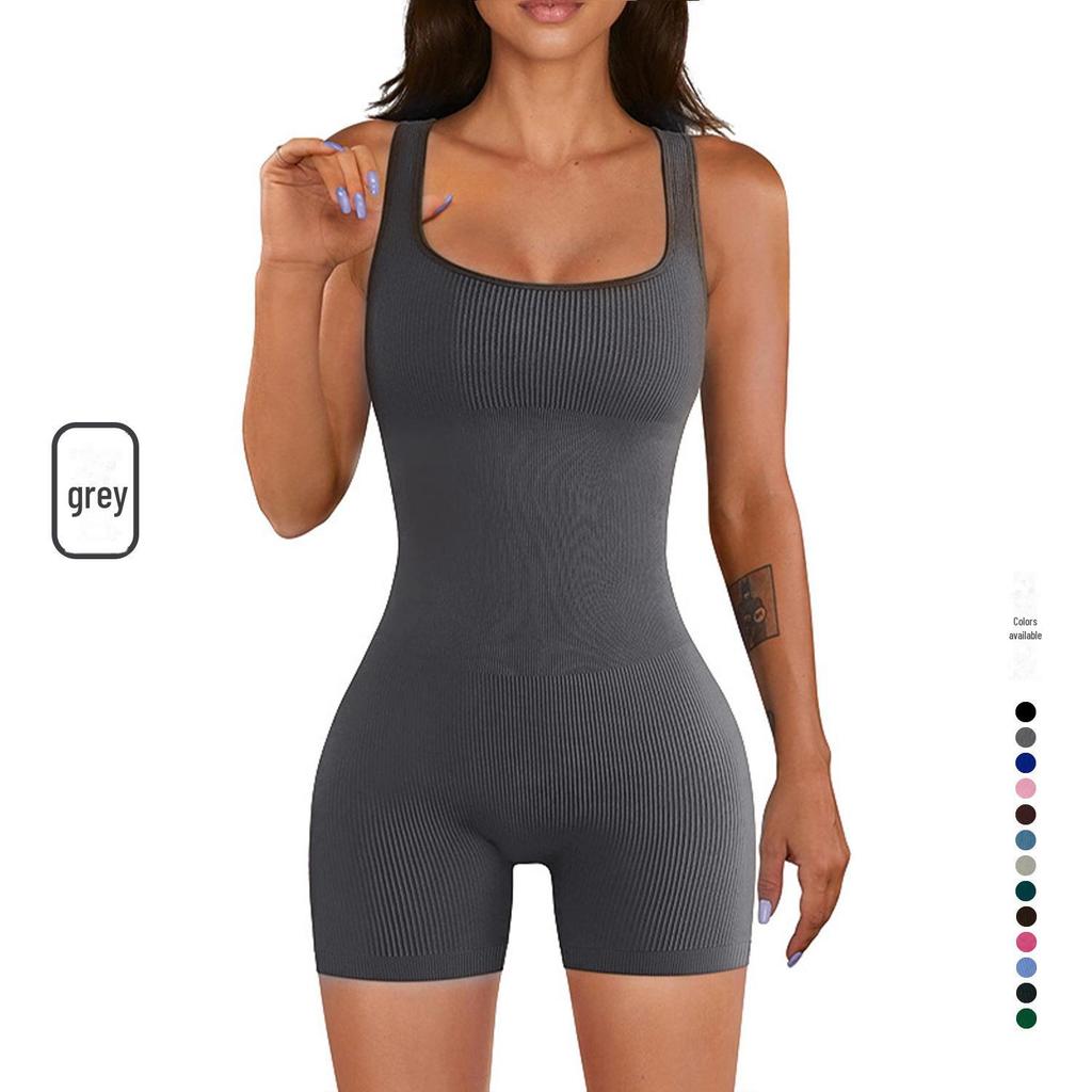 2023 Women's Ribbed Yoga Jumpsuit - Short-Sleeved and Tight Fit for Summer Fitness
