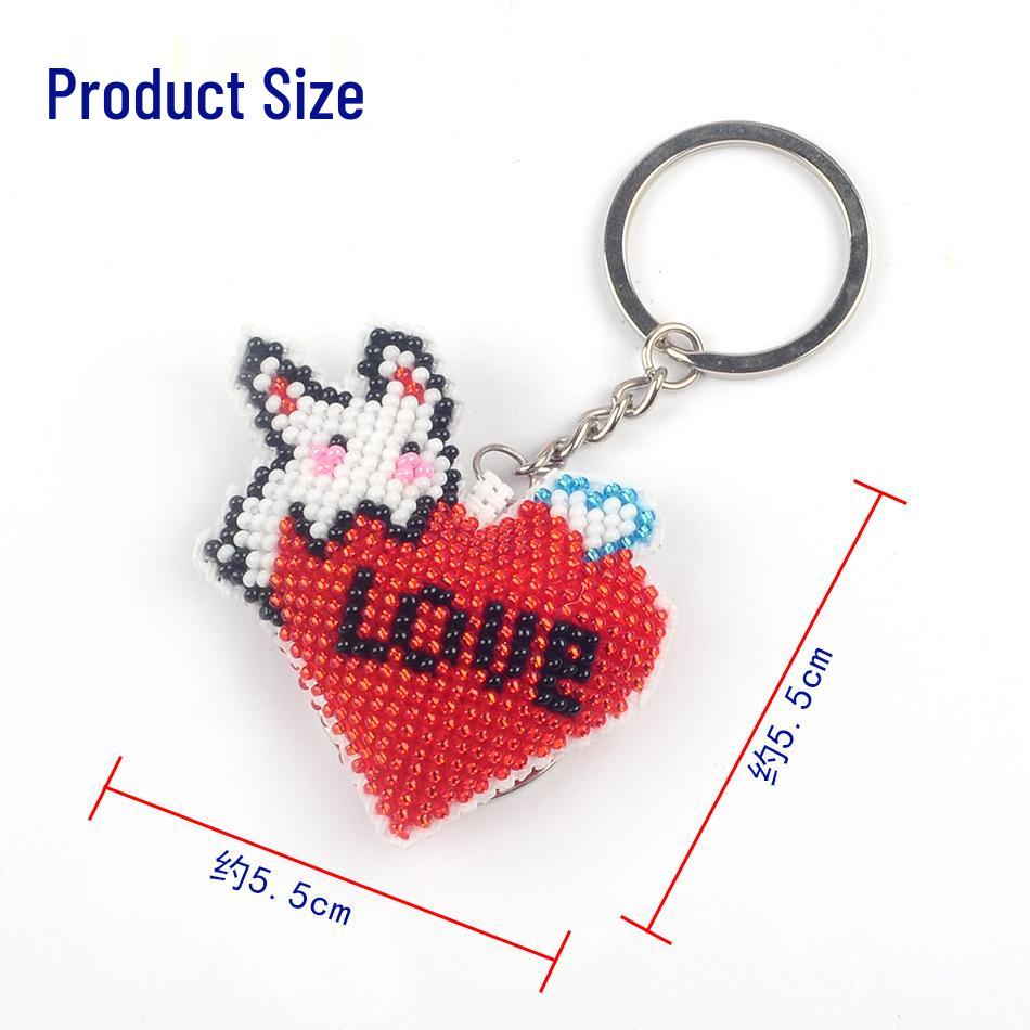 Heart Rabbit Love Couple Keychain: Precision-Printed Beaded Embroidery Pendant Ornament