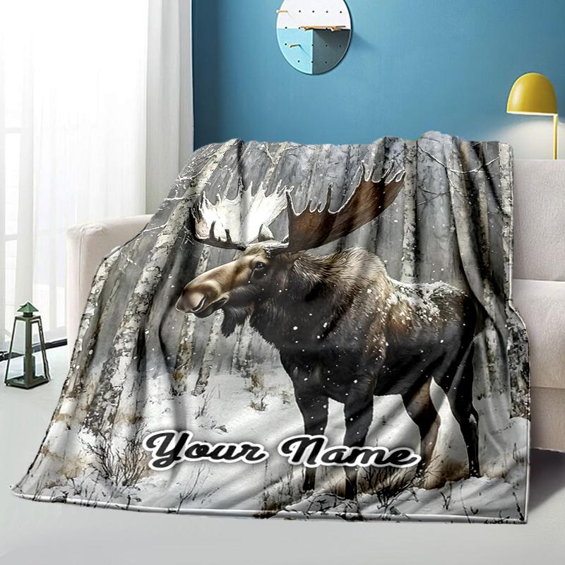 1PC Custom Name Moose Winter Forest outdooor Flannel blankets Throw Blanket All-Season Throw Gift Bedspread for Couch, Bed, Camping Holiday Birthday g