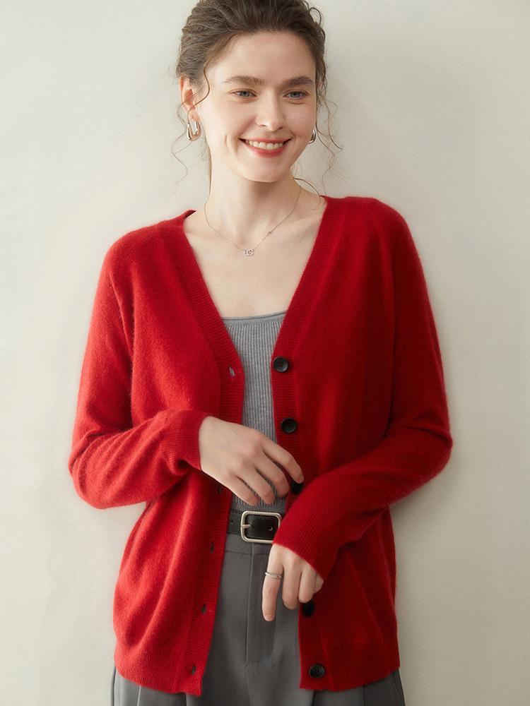 Women's Autumn/Winter Twelve-Needle V-Neck Cashmere Cardigan - Skin-Friendly, Slimming Knit Outerwear Sweater