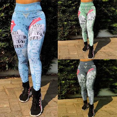 New Women's High-Waisted Faux Denim Yoga Pants with Oversized Letter Print for Fitness and Yoga