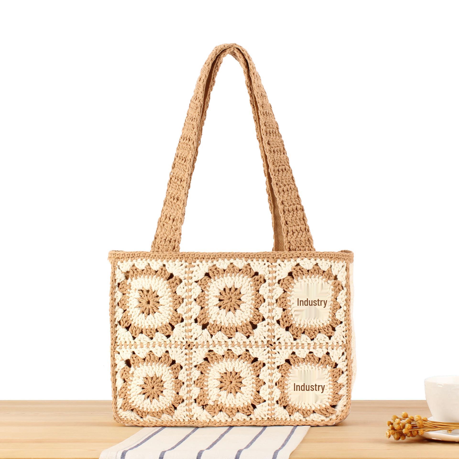 

2025 Handmade Cotton Yarn Crochet Patchwork Knitted Bag for Beach, Work, and Travel - Versatile Women s Accessory верблюд