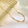 Floral Bar Station Necklace 18K Gold Plated Stainless Steel Flower Pendant Clear Bezel Set Stones Layered Chain Jewelry