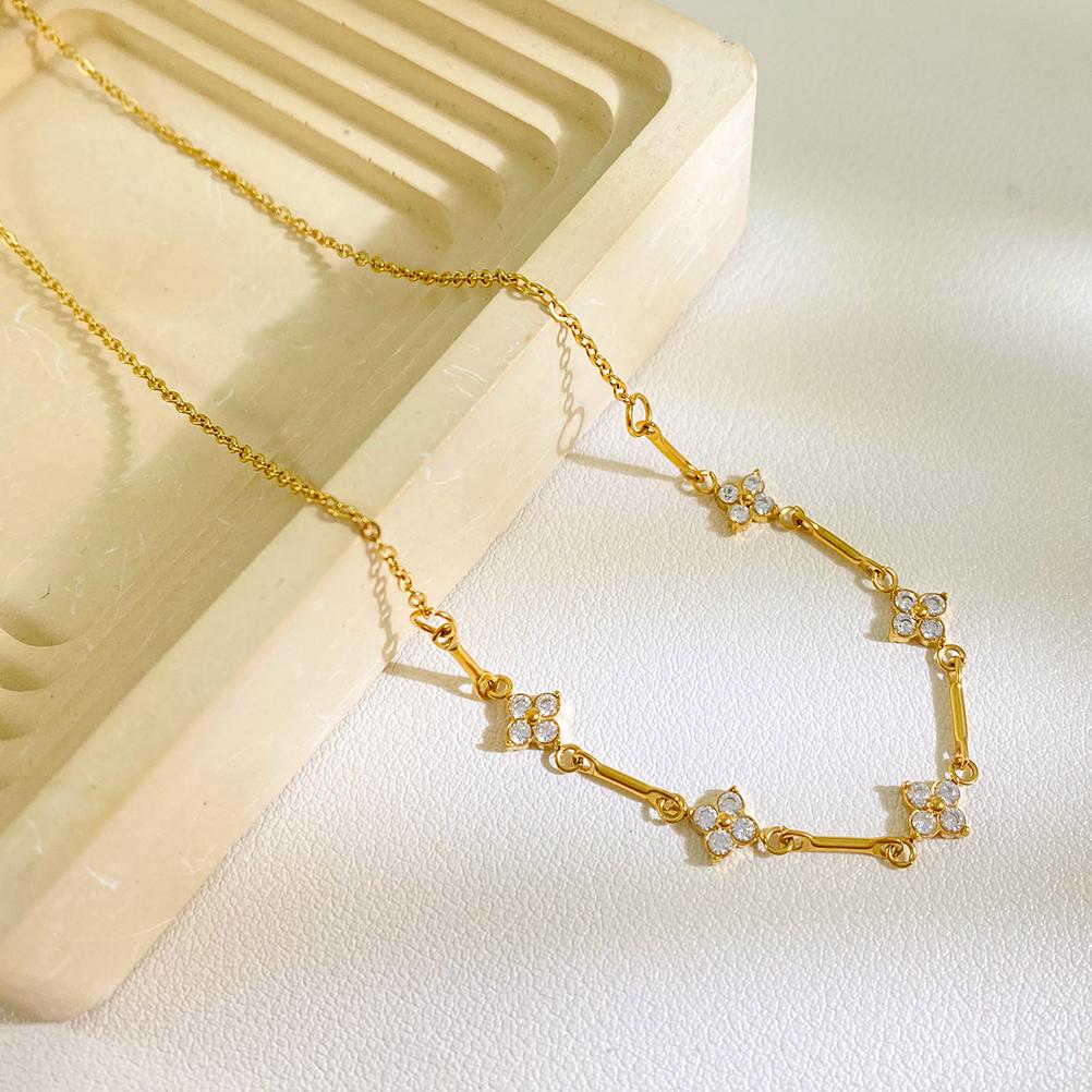 Floral Bar Station Necklace 18K Gold Plated Stainless Steel Flower Pendant Clear Bezel Set Stones Layered Chain Jewelry