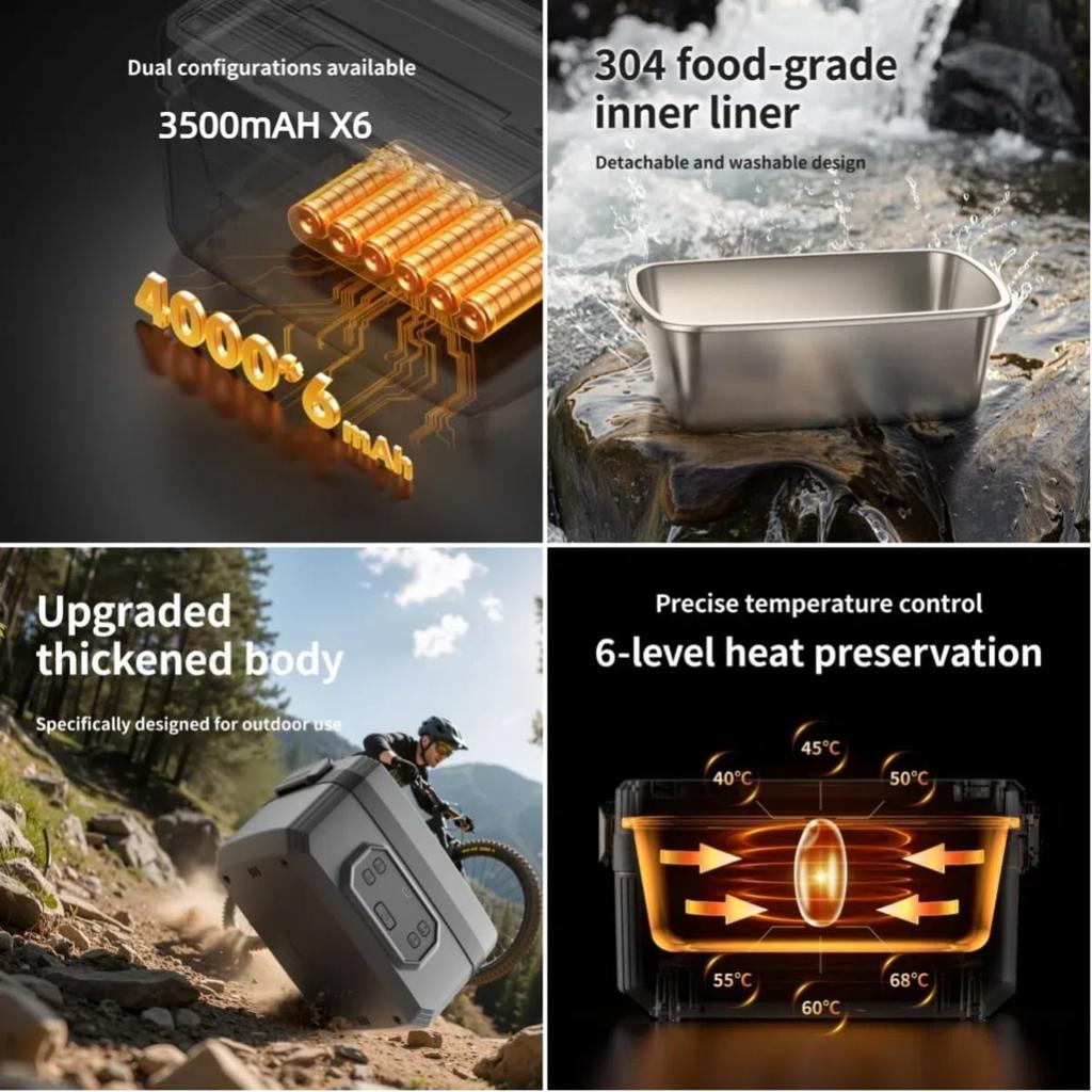 Cordless Electric Lunch Box for Adults 1.6L Portable Heated Food Warmer Rechargeable Stainless Steel Automatic Keep Warm for Office Truck Camping