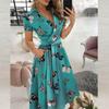 Fashion Women's Casual Lapel Printed Short Sleeve High Waist Dress Long
