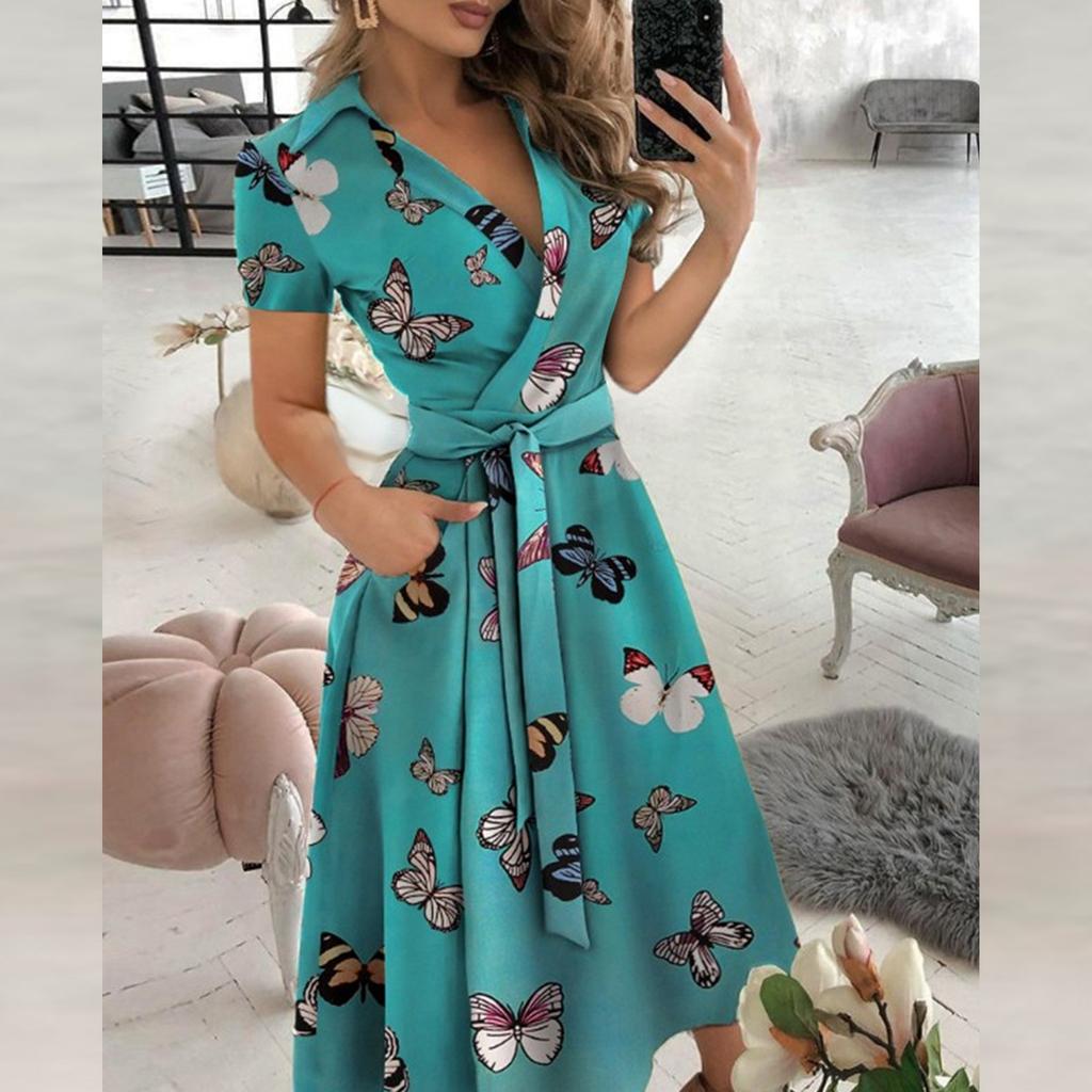 Fashion Women's Casual Lapel Printed Short Sleeve High Waist Dress Long