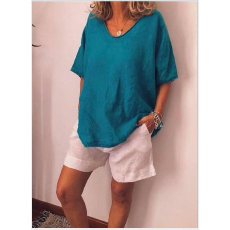Women'S Fashion Short Sleeve Cotton And Linen Loose Casual Solid Color Top