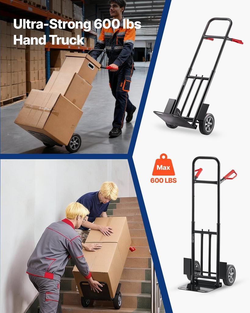 Hand Truck, 272 Kg Load Capacity, Heavy-Duty Hand Truck Dolly with Wheels & Telescoping Handle, Portable Trolley Dolly with Tie-down Strap for Moving