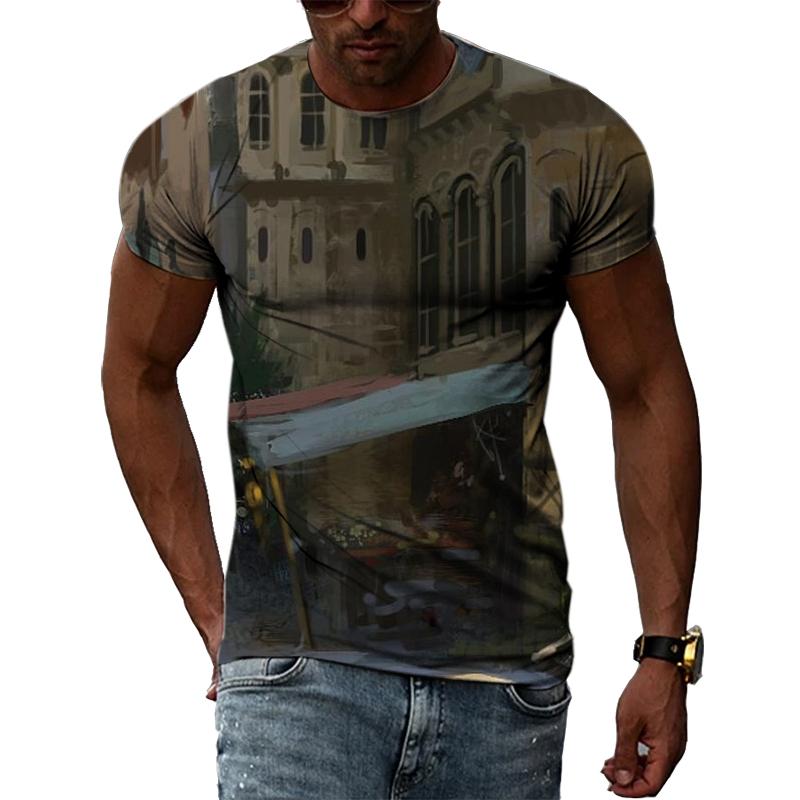 Zajímavé Kreativní Kresba Hrad Krajina Muži Trička 3D Móda Ležérní Osobnost Hip Hop Harajuku Potisk Tričko s krátkým rukávem