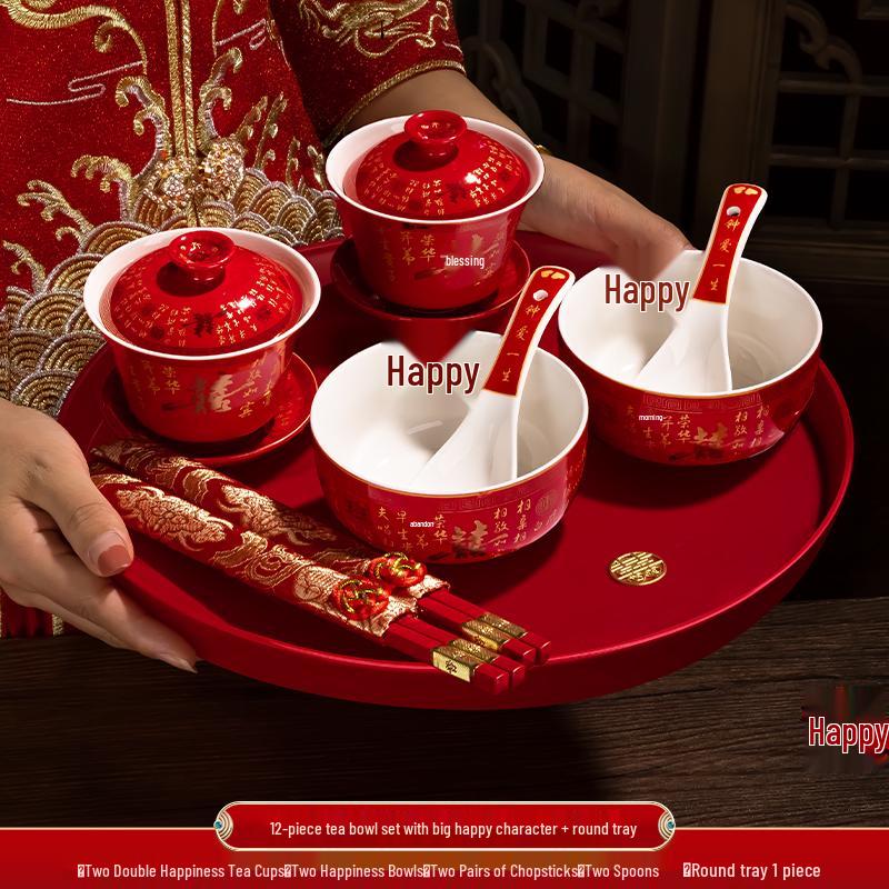 Festive Red Wedding Tea Set: Lidded Bowls, Tea Cups, and Chopsticks