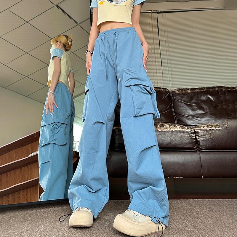 Women's Y2K Low Rise Cargo Pants - Baggy Parachute Pants With Drawstring Waist
