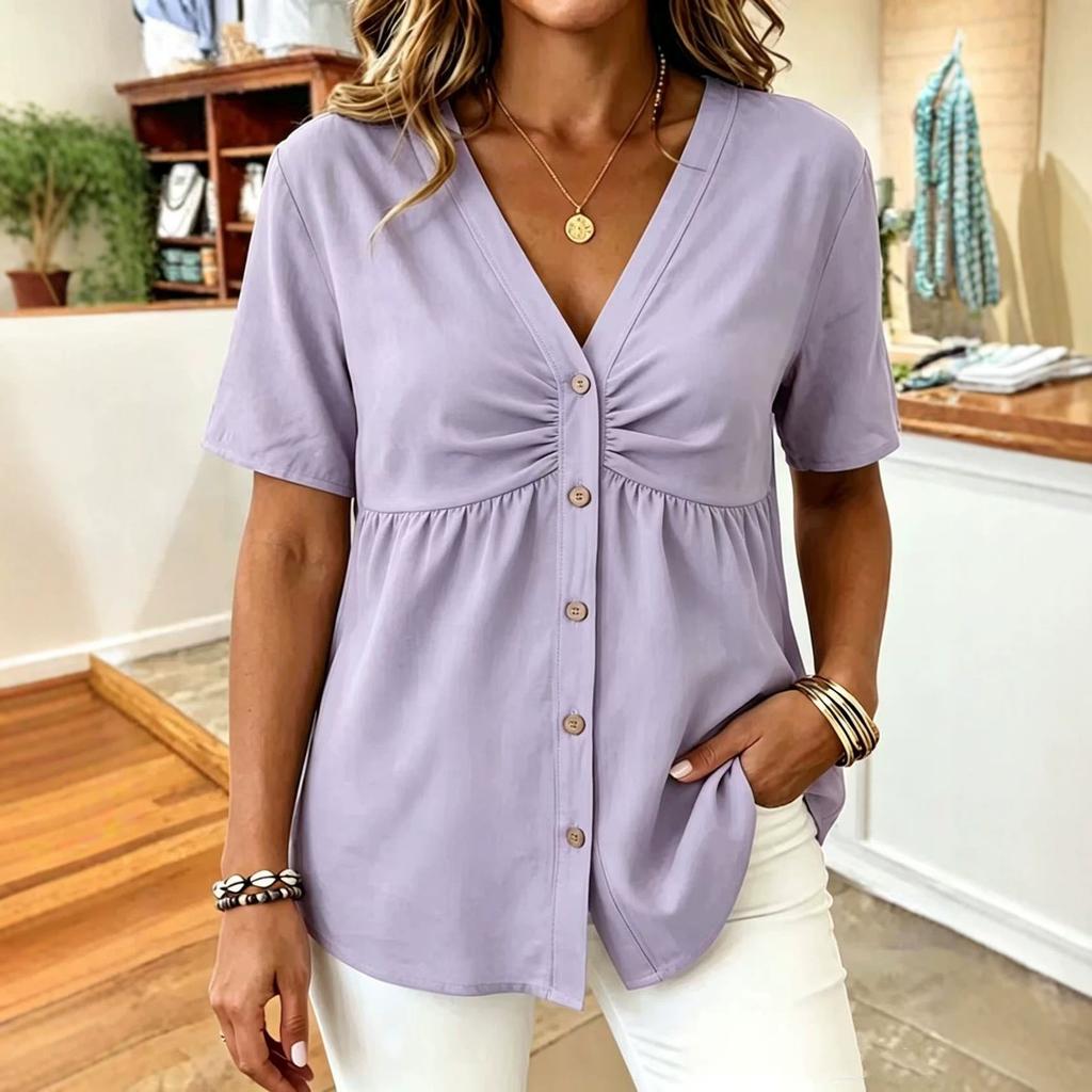 Women's V Neck Button Front Loose Fit Short Sleeve T Shirt Top Casual Lightweight Summer Blouse
