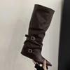 Fashion Retro Style Women Knee High Boots Fashion Belt Buckle Shoes Autumn Winter Wedges Heel Women's Knight Long Booties