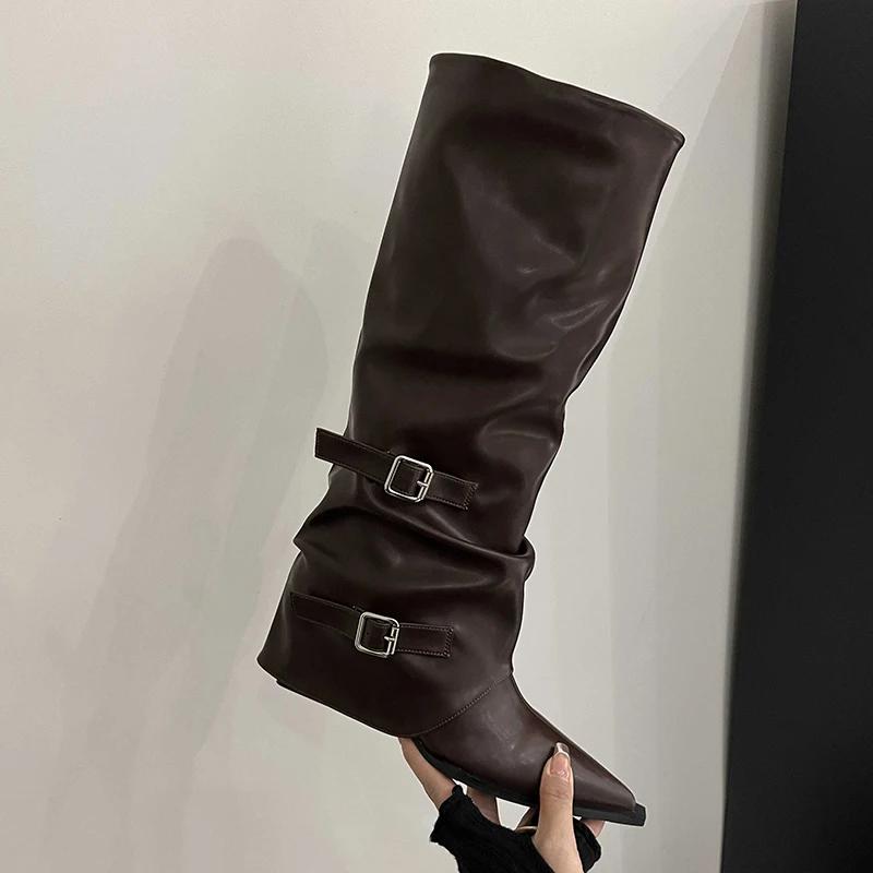 Fashion Retro Style Women Knee High Boots Fashion Belt Buckle Shoes Autumn Winter Wedges Heel Women's Knight Long Booties