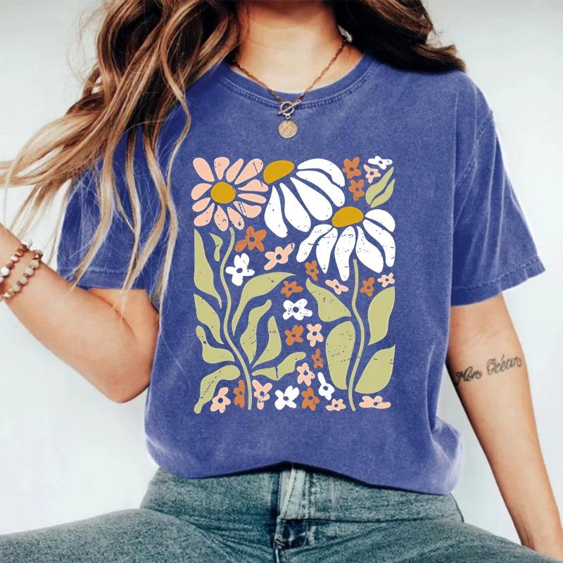 

Женский потертый и состаренный цветочный круглый вырез свободный короткий рукав повседневный топ XL синий