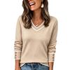 Women's Color Block V-Neck Long Sleeve Pullover Sweater with Decorative Buttons