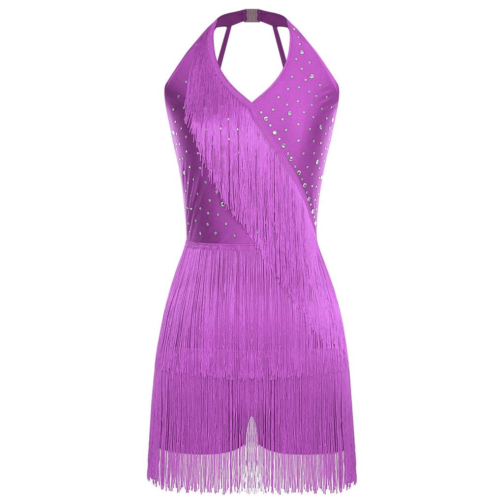 Women Dance Jumpsuit Halter Neck Sleeveless Spark Rhinestones Fringed Strappy Back Latin Dance Costume