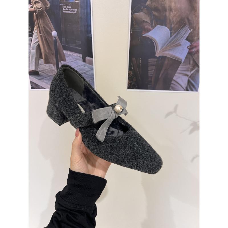 Winter Shallow Butterfly-knot low Heel Pumps Fashion Square Toe Fleece Flet Ballet Flats Ladies Buckle Strap Warm Plush Loafers