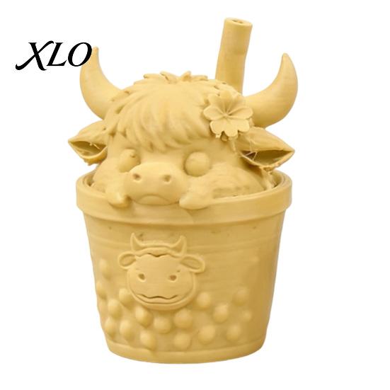 Handheld Drink Calf 2Pcs Cute Highland Cow Figurine, 3D Printed Bubble Tea Statues, Desktop Landscaping Ornament Summer Farmhouse Style Ornaments,