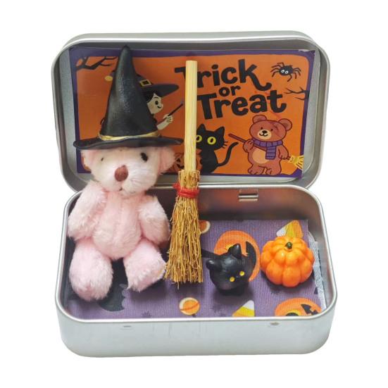 Halloween Bear In A Box Handmade Cute Witch Bear In A Tin for Trick or Treat Miniature Plush Bear with Broom Pumpkin Cat Halloween Party Gift