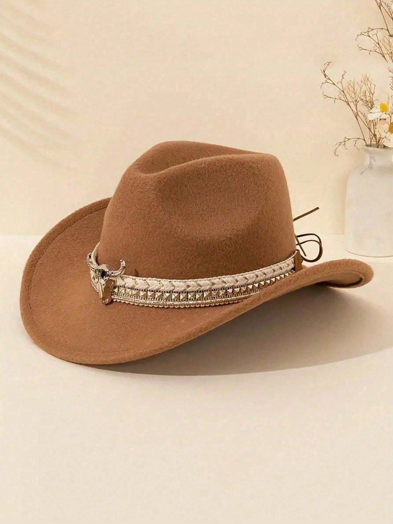 

Unisex Wool Felt Cowboy Fedora - Wide Brim with Ethnic Bull Head Decoration for Autumn/Winter M (56-58cm) верблюд