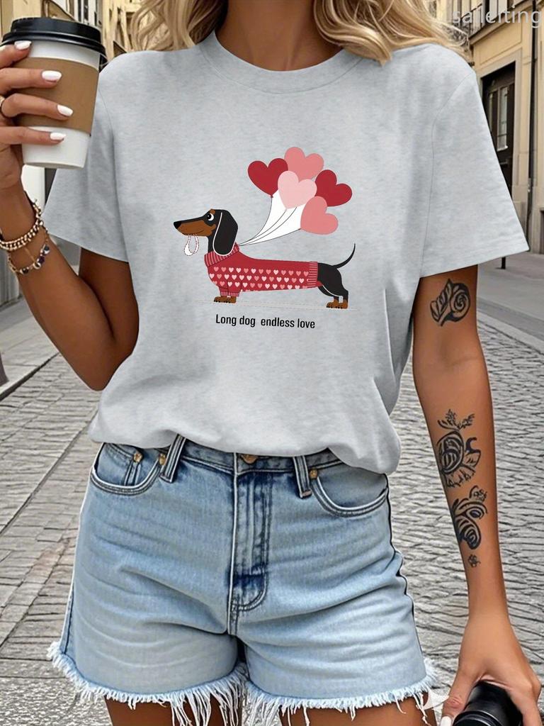 Teediy Dachshund Balloons Long Dog Endless Love Pure Women'S T-Shirt Comfort Women's Harajuku Sleeve Casual Aesthetic Clothes