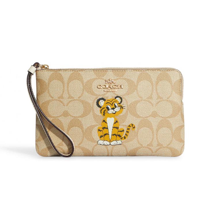 

New COACH Wristlet Canvas With Leather Wallet Clutch Wrist Bag Small Women s Milk Tea C7698-IMDQC 19.8*1.3*12.2CM