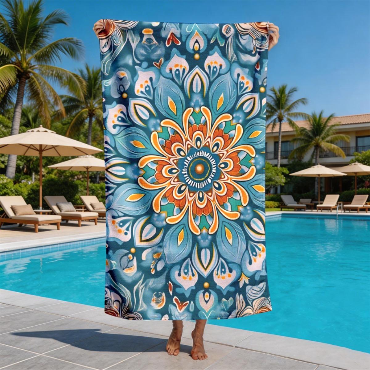 

Symmetrical mandala pattern theme polyester microfiber beach towel is highly absorbent, suitable for swimming and beach outings W30*H60(CM)