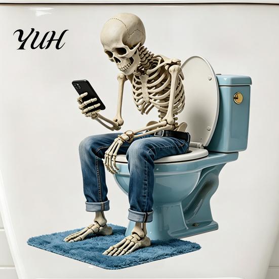 Festive Bathroom Interior Decor Funny Skeleton Toilet Cover Sticker, Self-Adhesive Waterproof Sitting on Halloween Theme Supplies Seat Lid Decal,