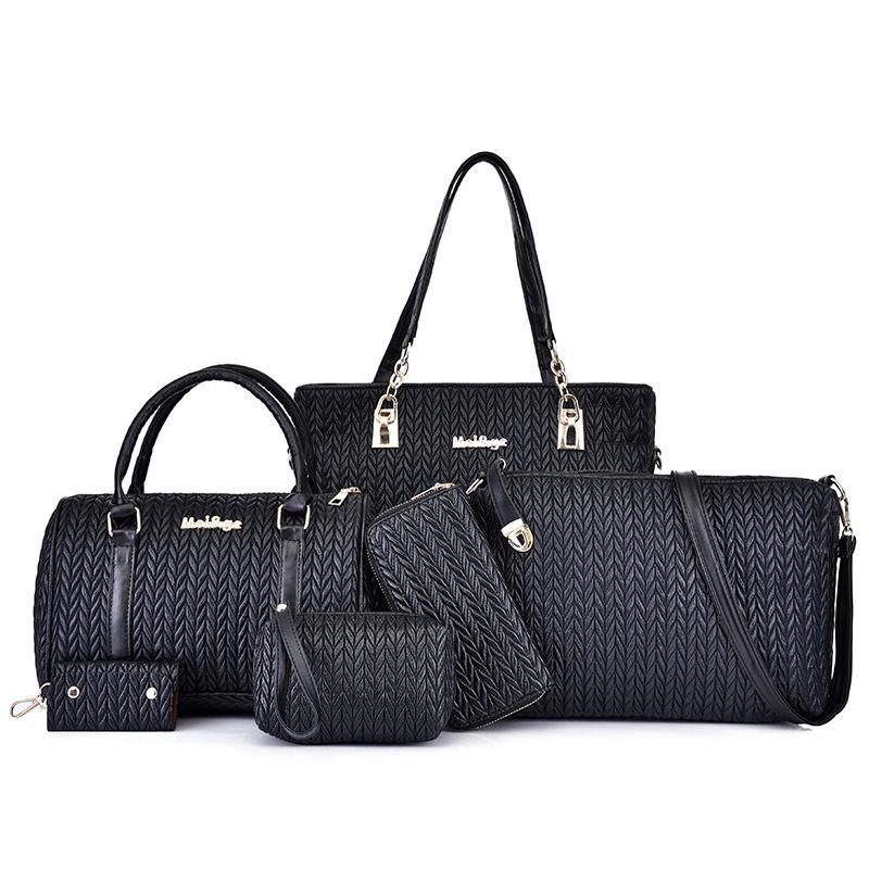 New Mother and Child Women's Bags Solid Color PU Six-piece Set Woven Large-capacity Simple Portable Shoulder Bag Crossbody Fashion