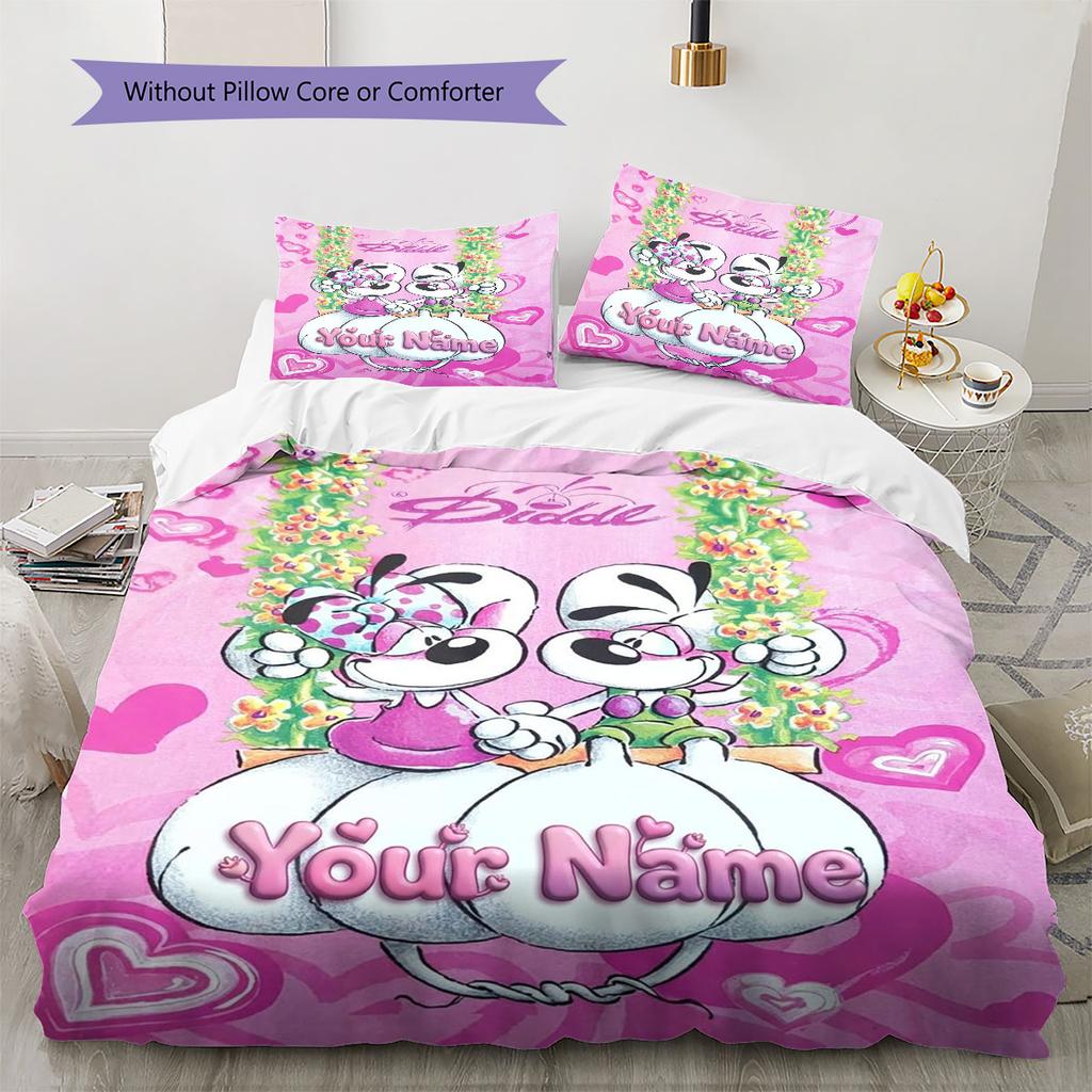 Diddl Custom Name Pattern Bedding,Quilt Set Quilt Cover Pillowcase Home Birthday Gift(1 * Duvet Cover + 2 * Pillowcase, Without Core)