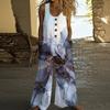 Women's Fashion Casual Button-down Sleeved Jumpsuit Retro Color Block Stitching Printed Cotton Pocket Jumpsuit