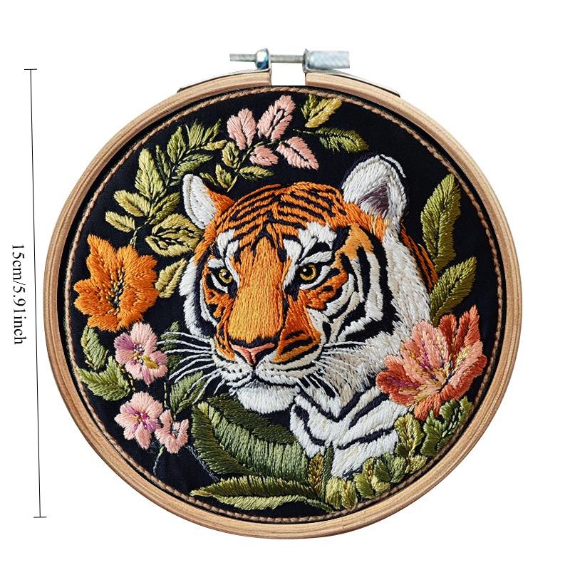 1pc Tiger and Flower Landscape Embroidery DIY Fabric Craft Kit with Tools