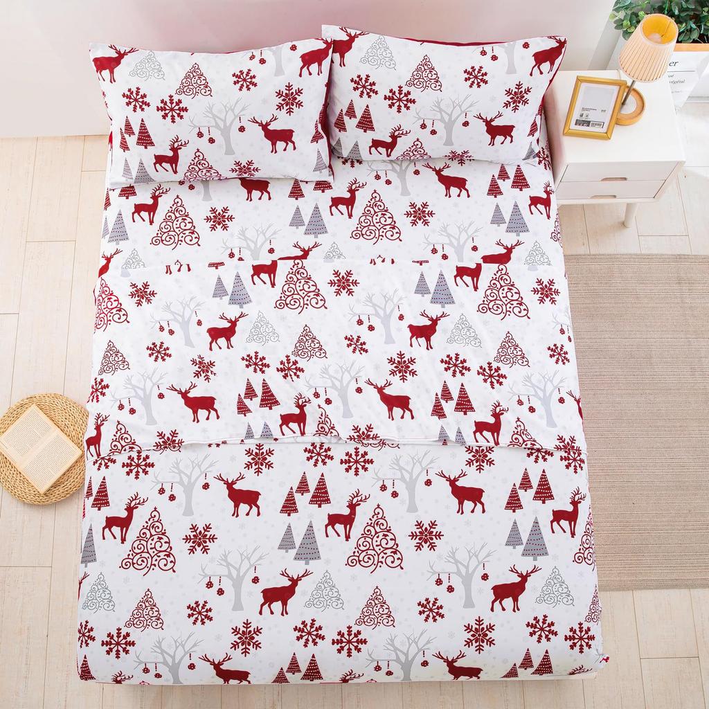 Christmas Tree Elk Pattern Bed Hat Four-Piece Bedding Set Bedroom Dormitory Bedding Decoration
